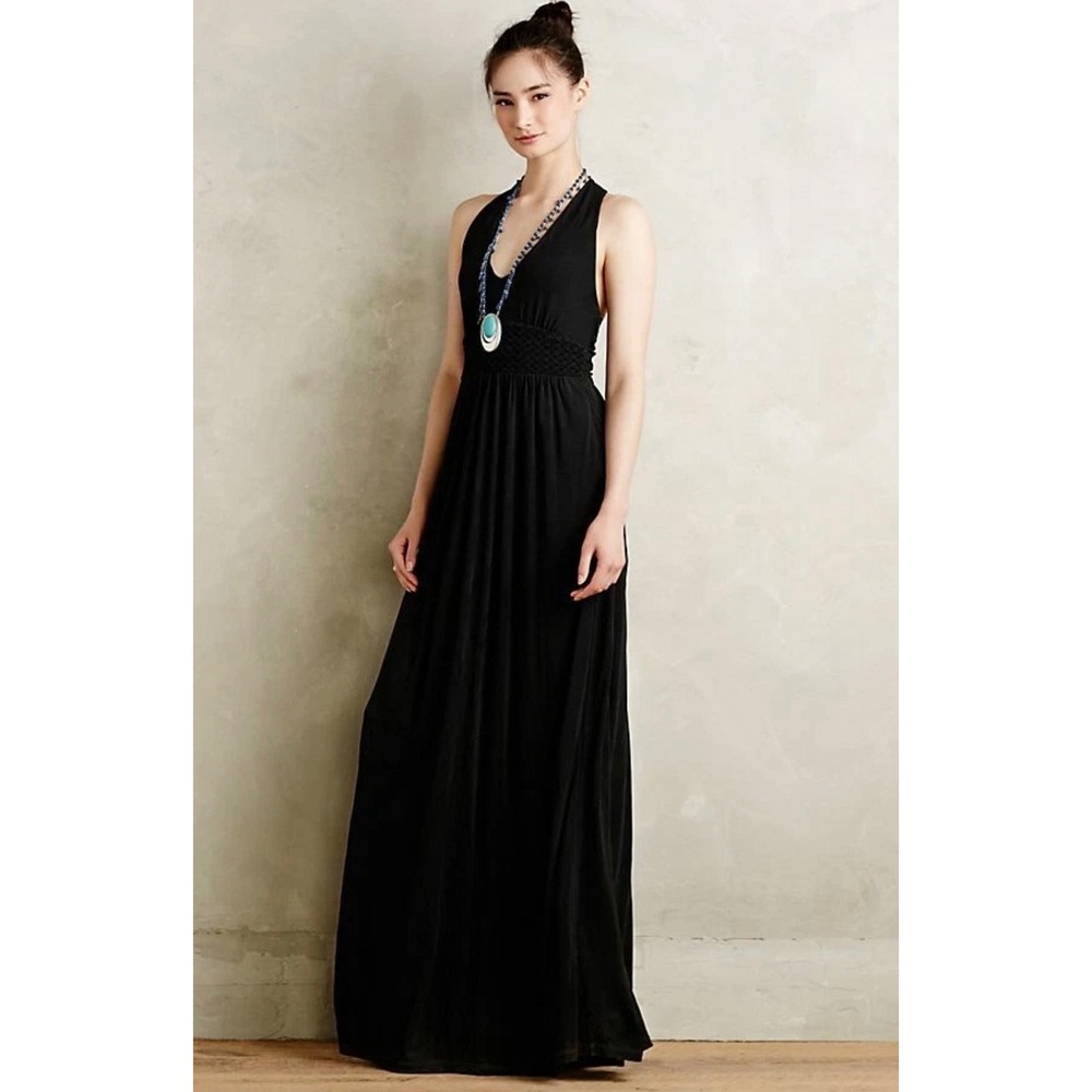Anthropologie Maeve Black Braided Empire Waist Halter Maxi Dress 0P Petite